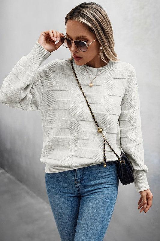 Solid Round Neck Knit Loose Long Sleeves Sweater