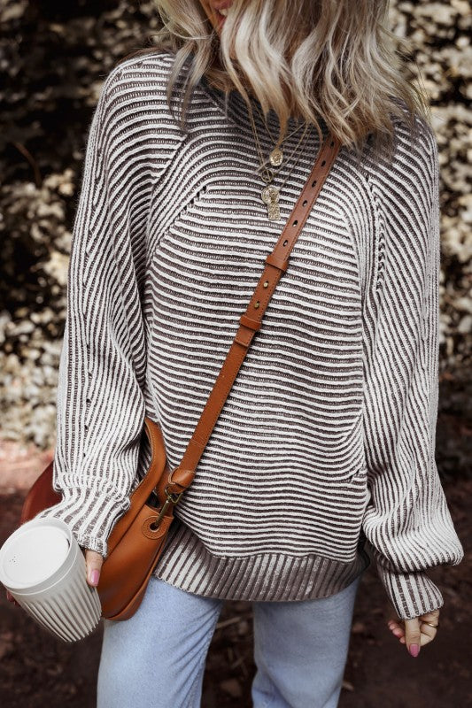 Stripe Ribbed Knit Boat Neck Sweater