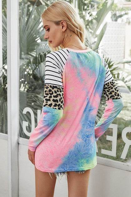 Crew Neck Patchwork Tie Dye Fit Loose Shirt