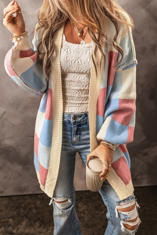 Checkered Drop Shoulder Seam Open Front Cardigan