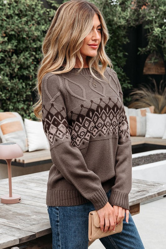 Alana Western Geometric Patterned Crew Neck Knitte