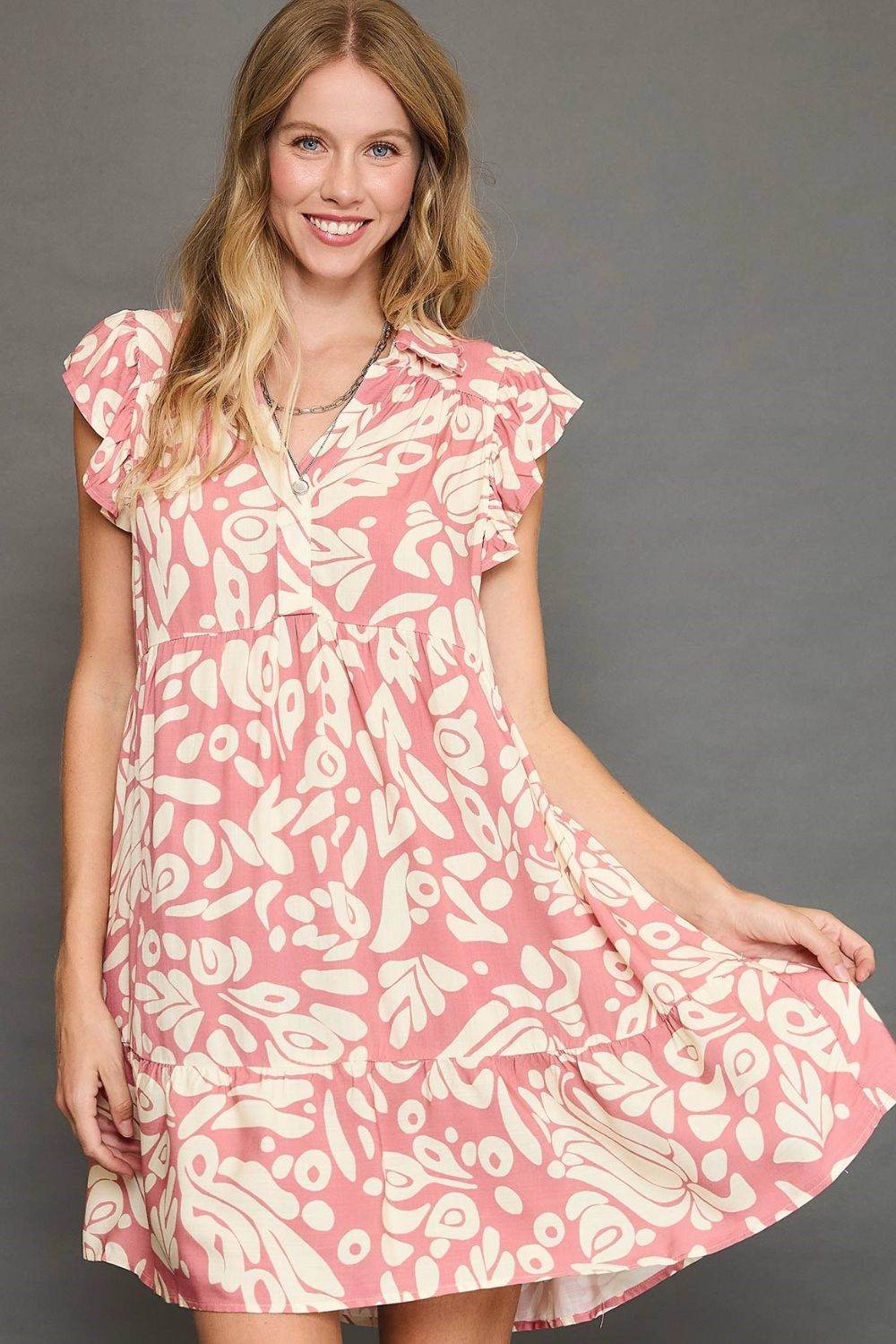 Umgee Full Size Two Tone Printed Ruffled Cap Sleeve Mini Dress Plus Size