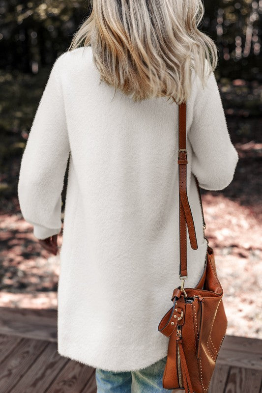 Solid Fuzzy Button-Front Cardigan
