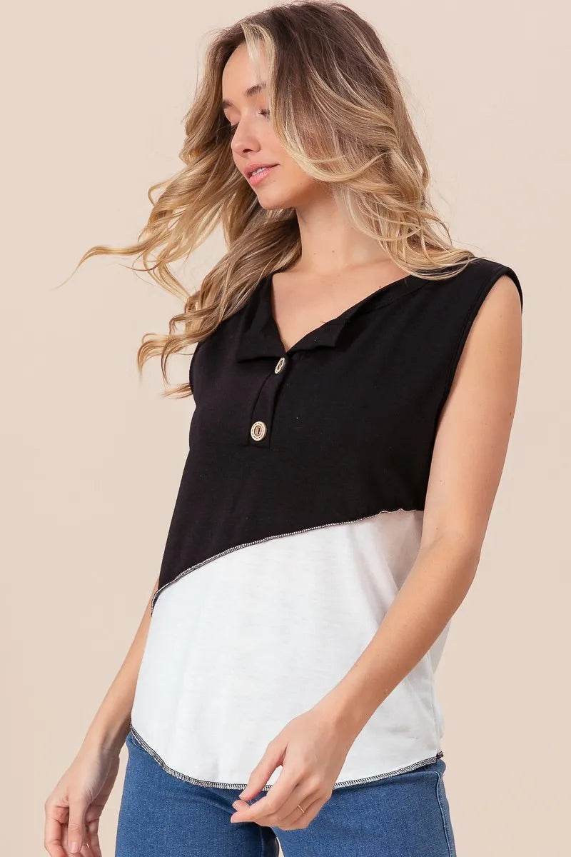 BiBi Color Block Contrast Stitching Buttoned Henley Top