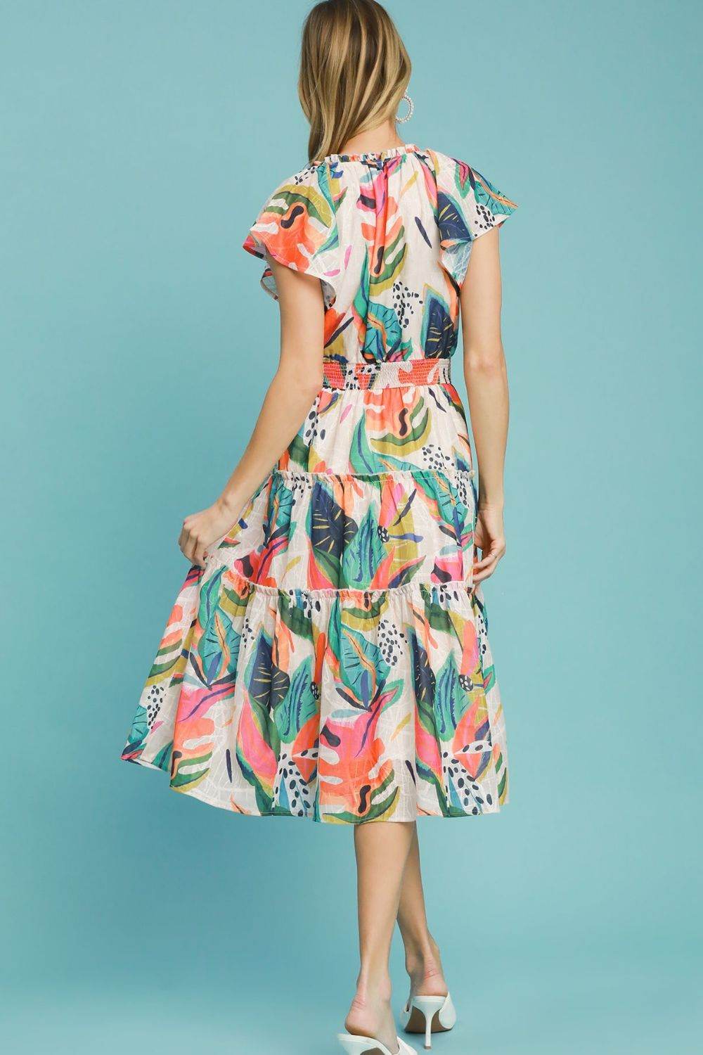 Umgee Full Size Leaf Print Cap Sleeve Tiered Midi Dress Plus Size