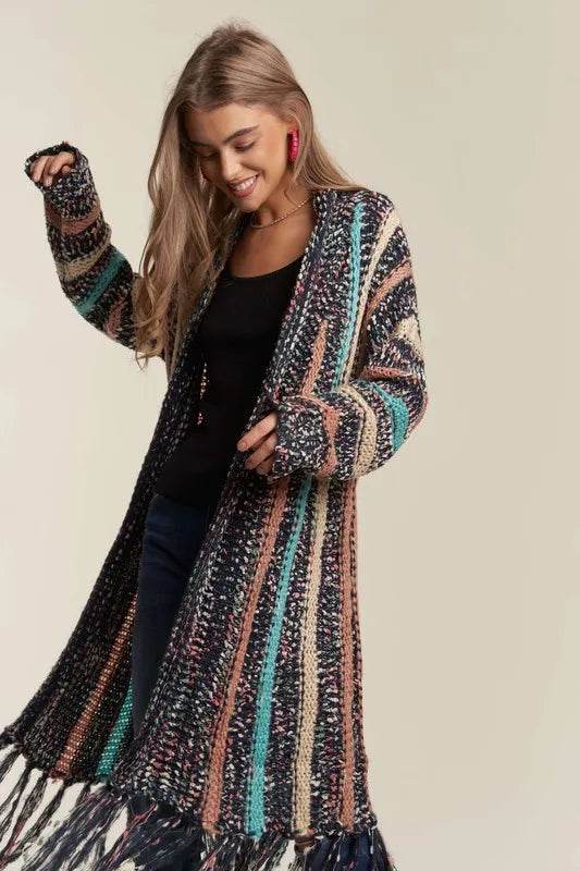 ADORA Multi Colour Sweater Long Cardigan with Fringes