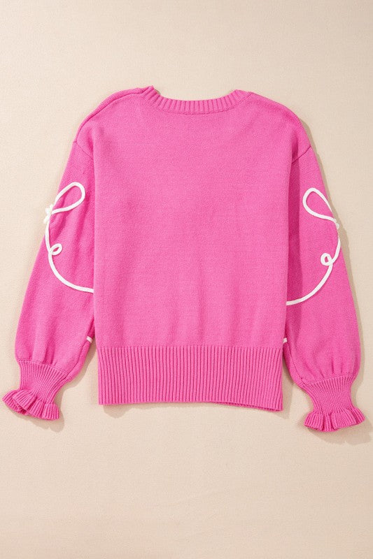 Bow Corded Floral Ribbed Trim Sweater