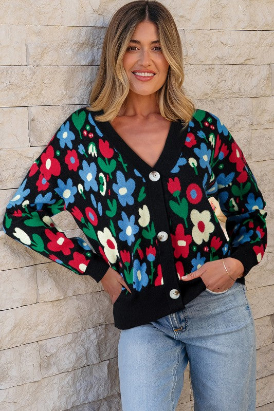 Floral Buttoned V-Neck Cardigan Sweater