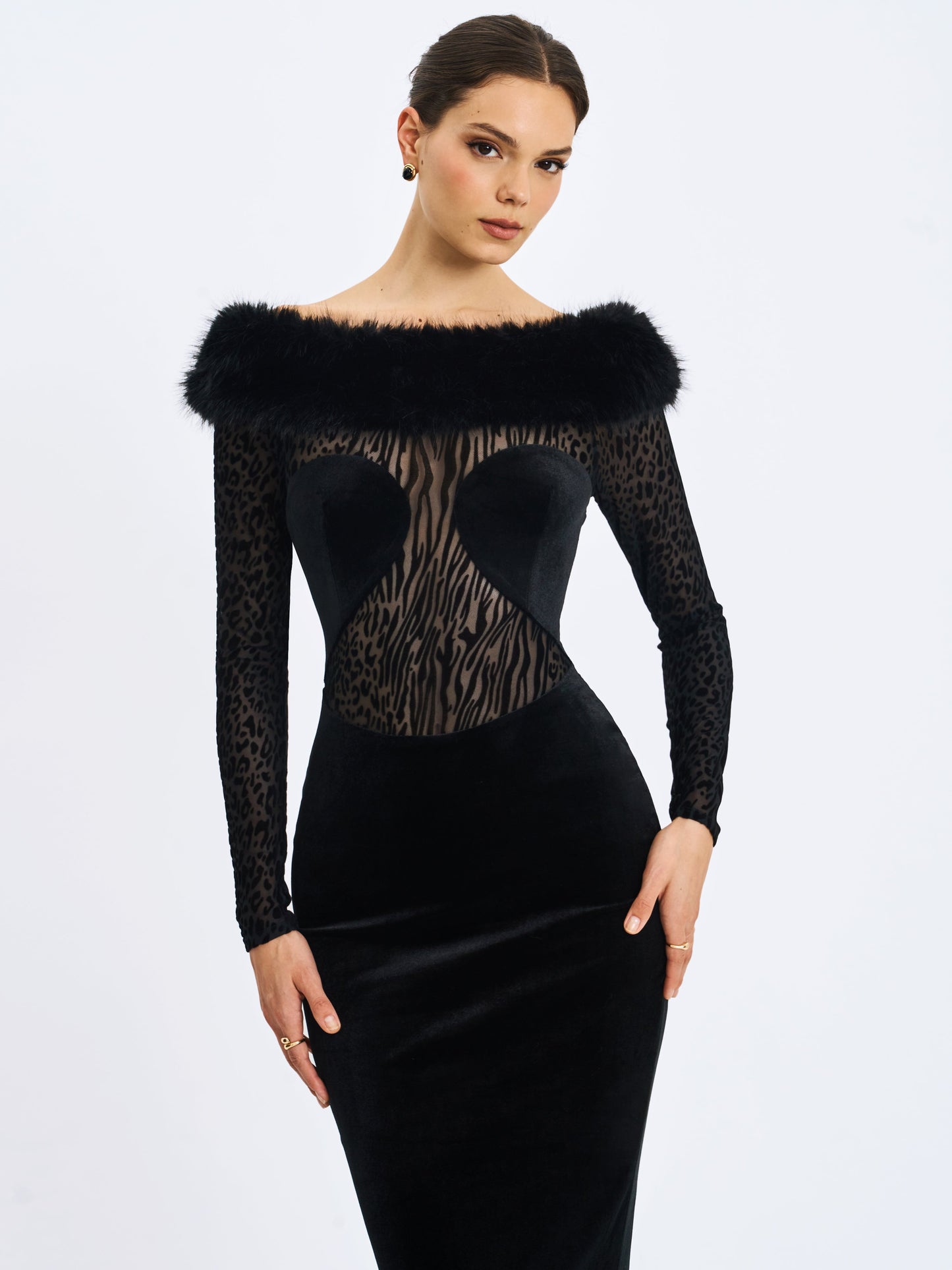 Alexis Black Velvet Animal Print Fur Boatneck Maxi Dress