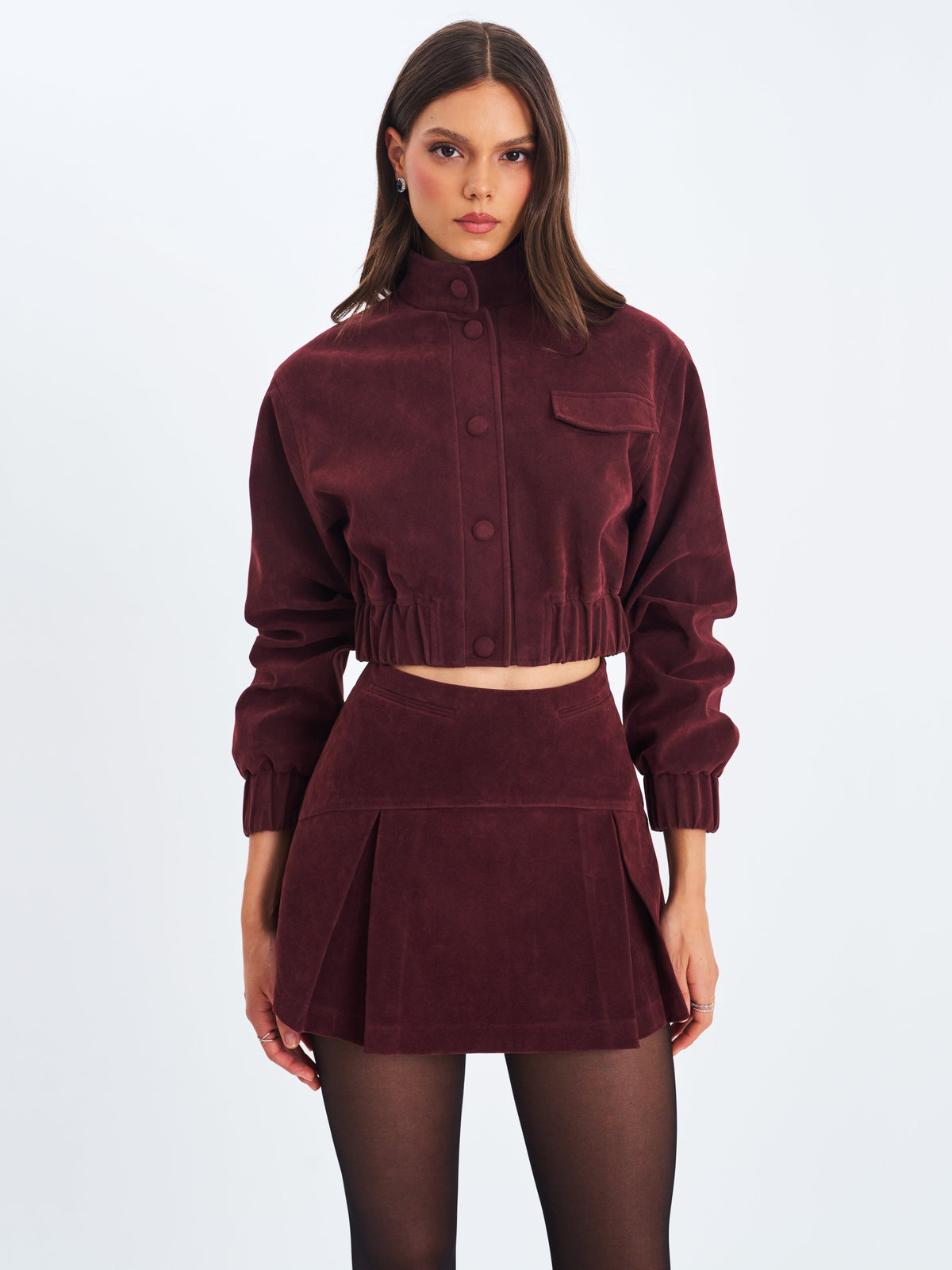 Faryn Mahogany Vegan Suede Pleated A-Line Mini Skirt