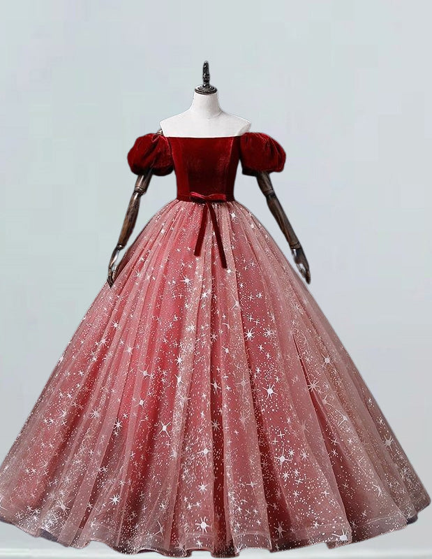 Girls' Burgundy Velvet Off-Shoulder Ball Gown | Sparkle Tulle Prom Dress
