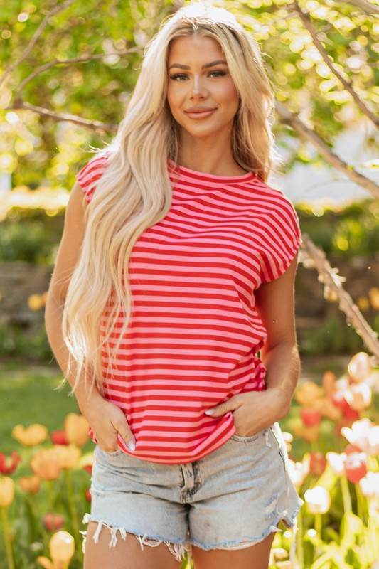 Sarahi Stripe Ribbed Cap Sleeve Round Neck Top