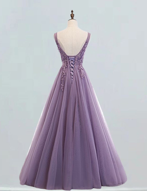 Women's Elegant V-Neck Tulle Prom Dress | Beaded Rhinestone Ball Gown