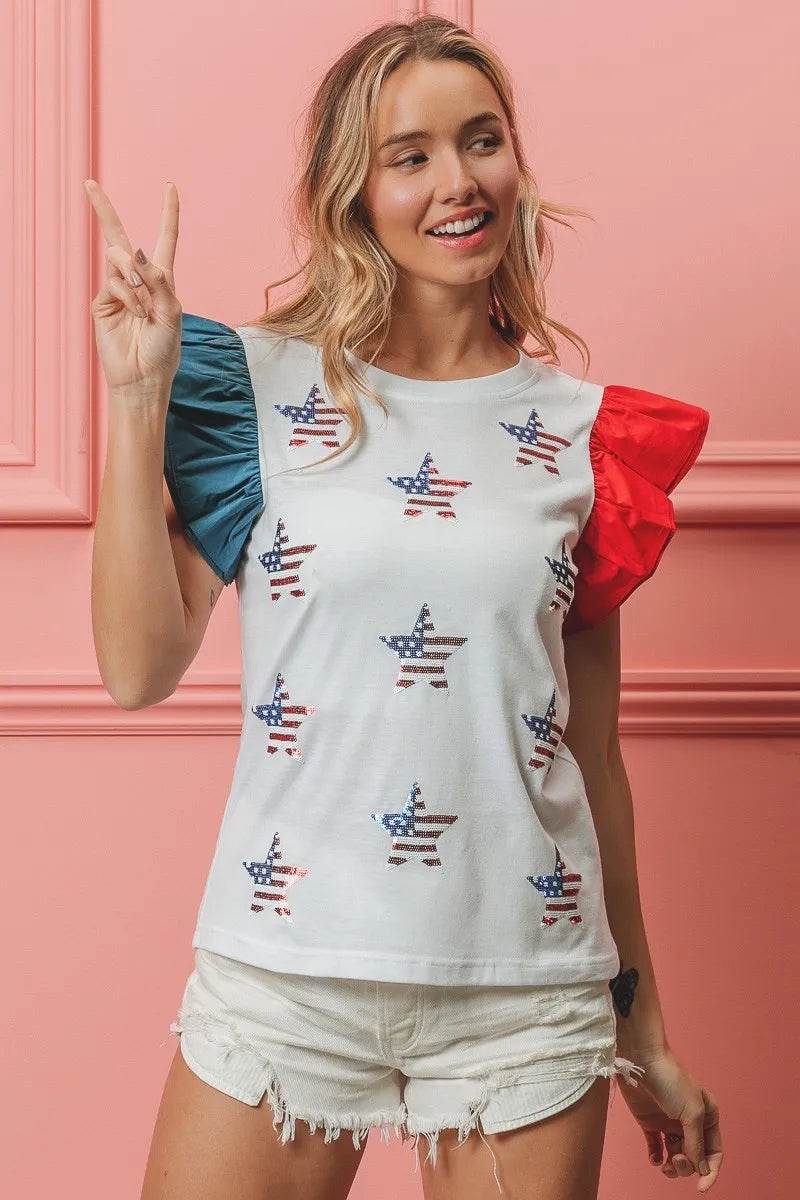 BiBi American Flag Sequin Stars Top