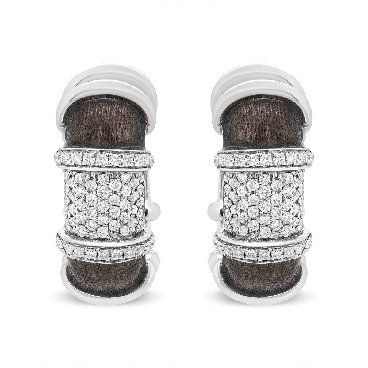 18K White Gold Flash Plated .925 Sterling Silver Clear Graphite Grey Enamel 5/8 Cttw Round Diamonds Huggie Hoop Earrings (F-G Color, VS1-VS2 Clarity)