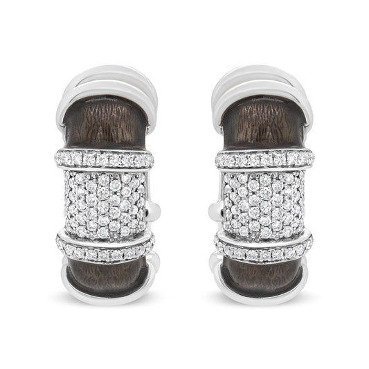 18K White Gold Flash Plated .925 Sterling Silver Clear Graphite Grey Enamel 5/8 Cttw Round Diamonds Huggie Hoop Earrings (F-G Color, VS1-VS2 Clarity)