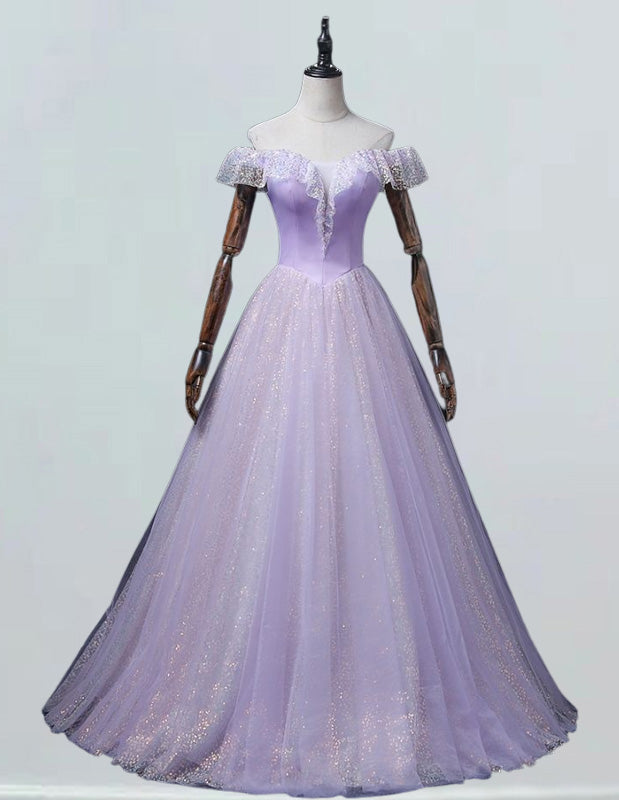Women's Off-Shoulder Tulle Prom Gown | Lavender Sparkle | Elegant Evening Dress