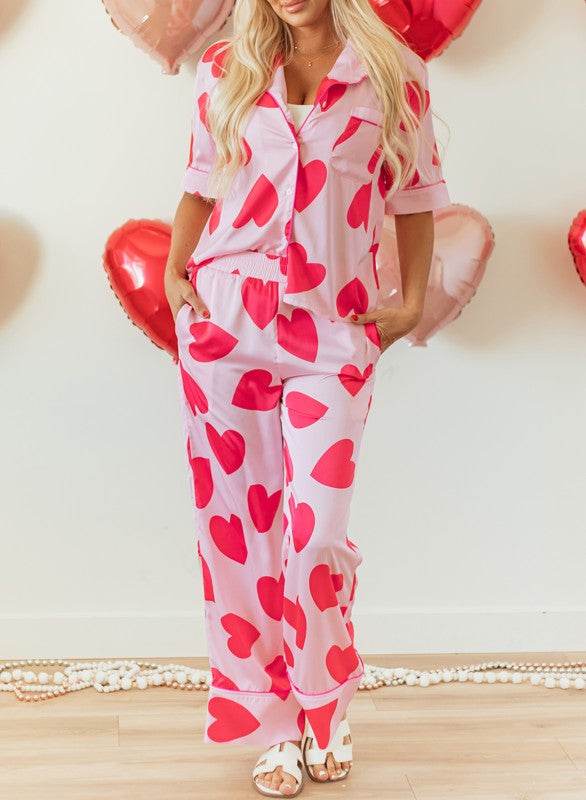 Heart Valentines Short Sleeve Pants Pajamas Set