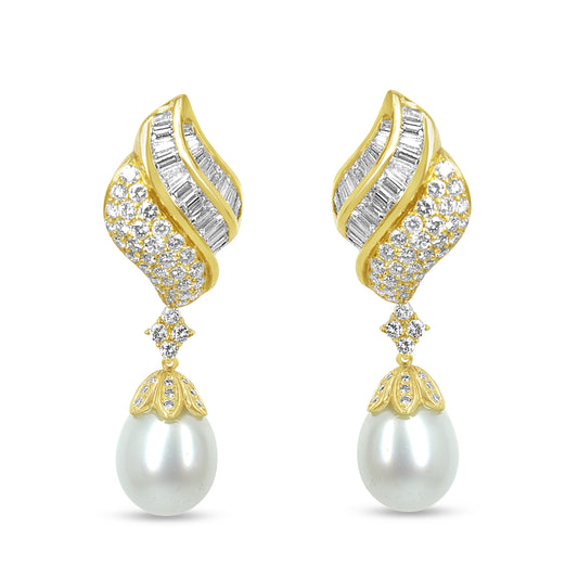 18k Yellow Gold 7.0 Cttw Baguette and Round Diamond South Sea Pearl Drop Dangle Clip-On Earrings (F-G Color, VS1-VS2 Clarity)