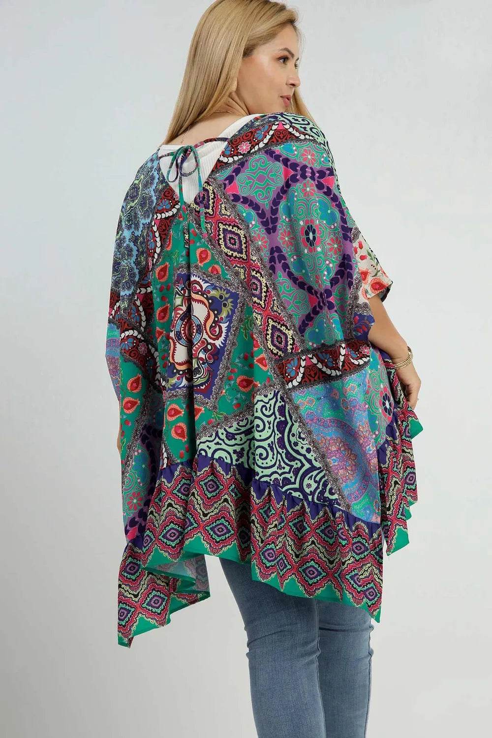 Umgee Full Size Mixed Print Ruffle Hem Open Front Cover Up Plus Size