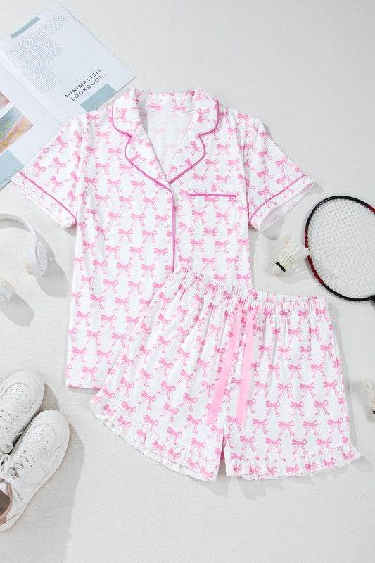 Pink Short Sleeve and Ruffled Shorts Pajama Set