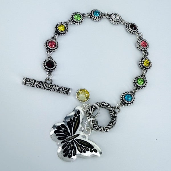 Multicolor Stones Buttefrly Charm Toggle Bracelet
