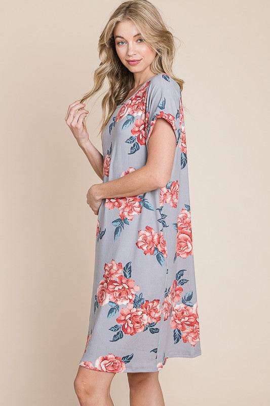 BOMBOM Floral Round Neck Short Tee Dress with Pockets