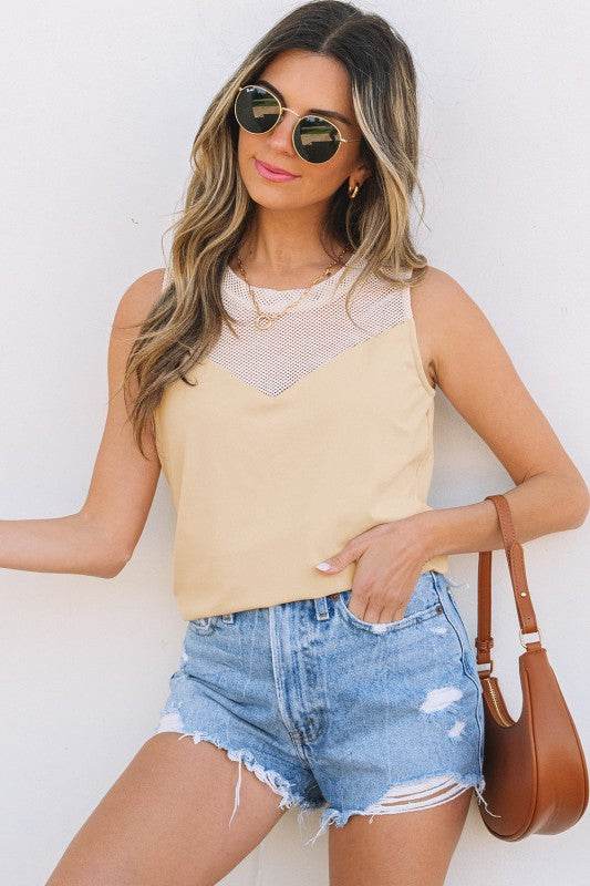 Milena Mesh Patchwork Crew Neck Tank Top