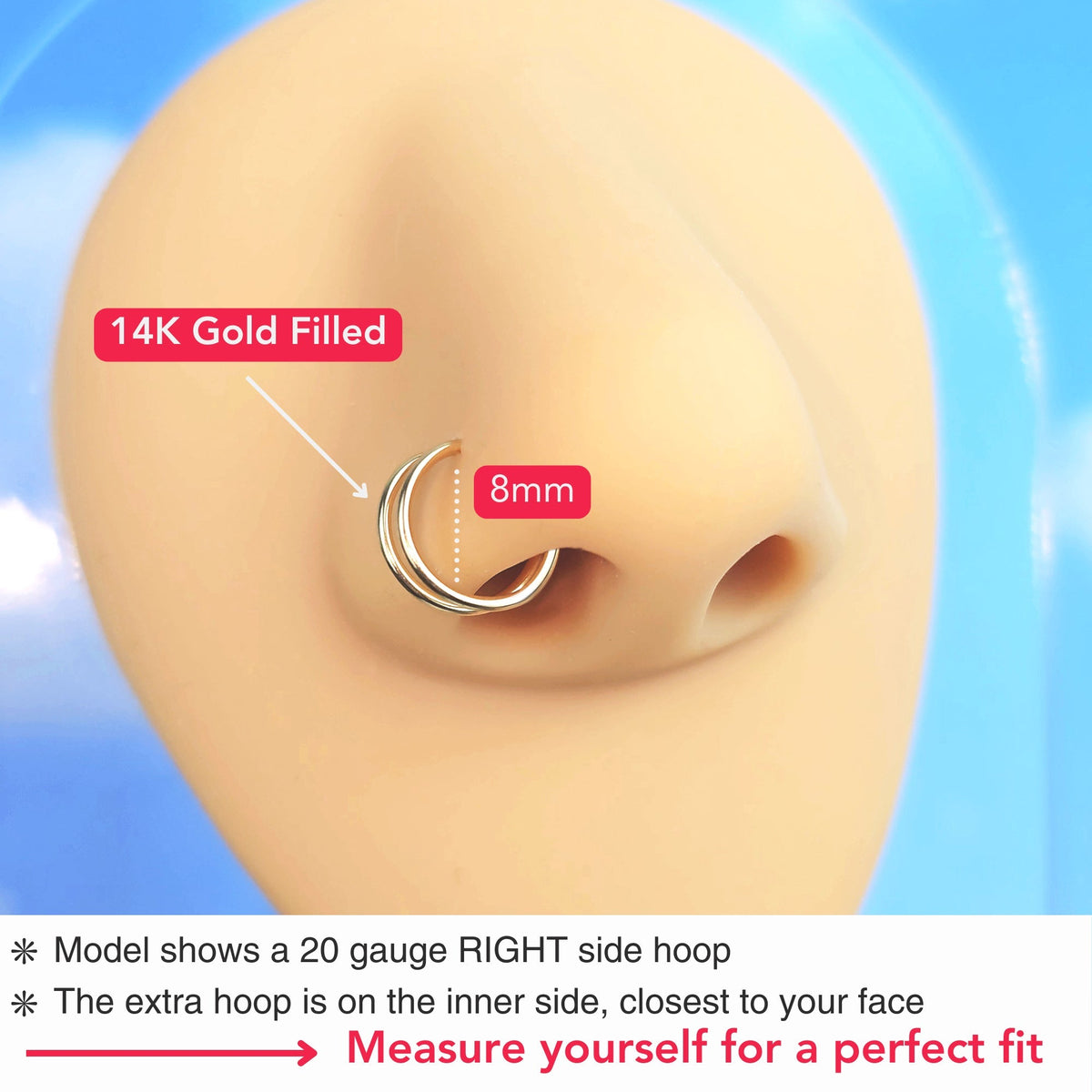Double Hoop Nose 14k Rose Gold Filled Spiral Nose Ring 20G 8mm Left