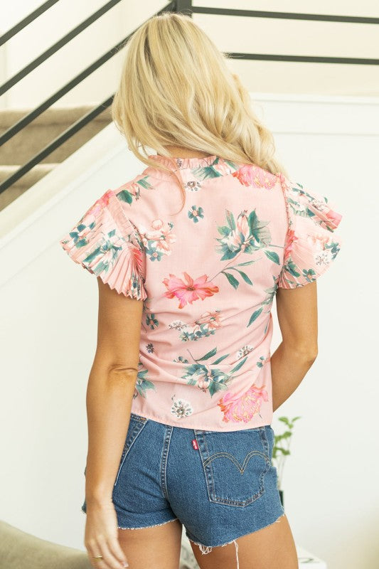 Kori Frilled V Neck Pleated Sleeve Blouse