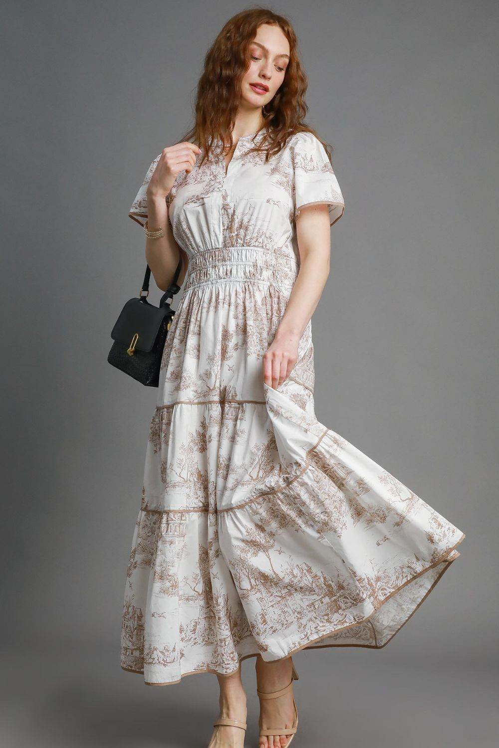 Umgee Full Size Landscape Print Short Sleeve Tiered Maxi Dress Plus Size