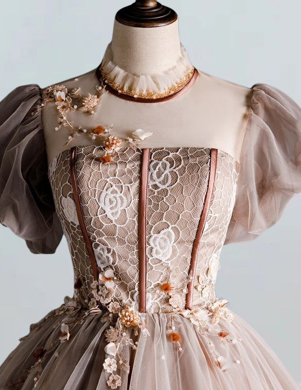 Coffee color collar elegant ball gown A-line wedding dress beaded long prom dress gown