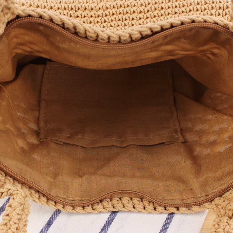 Solid Color Cotton Thread Hand Crocheting Woven Bag Trendy Women Mori Portable Vacation Beach Straw Bag