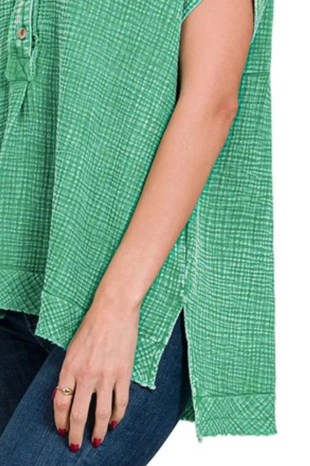 Zenana Washed Double Gauze 3/4 Button Henley Neck Shirt