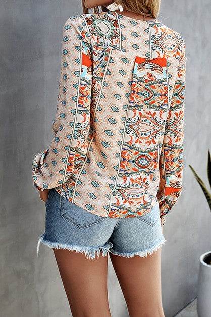 V Neck Graphic Pattern Notched Neck Blouse