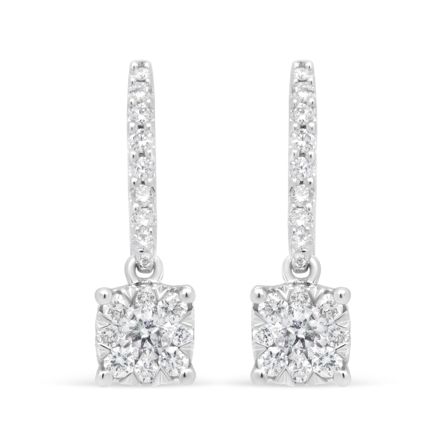 14K White 1/2 Cttw Round Diamond Halo Dangle Hook Earring - (H-I Color, SI2-I1 Clarity)