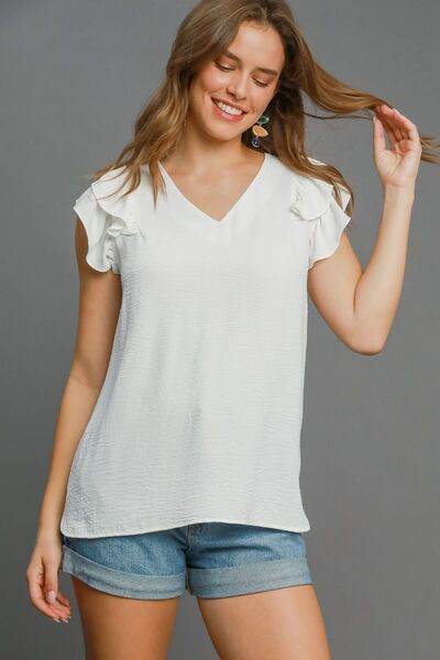 Umgee Full Size V-Neck Double Layered Ruffle Sleeve Blouse Plus Size