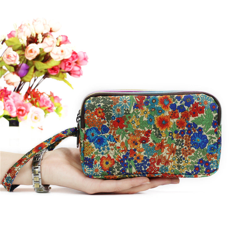 Floral Printed Fabric Wristlet Wallet for Women - Double Zipper Clutch with Wrist Strap