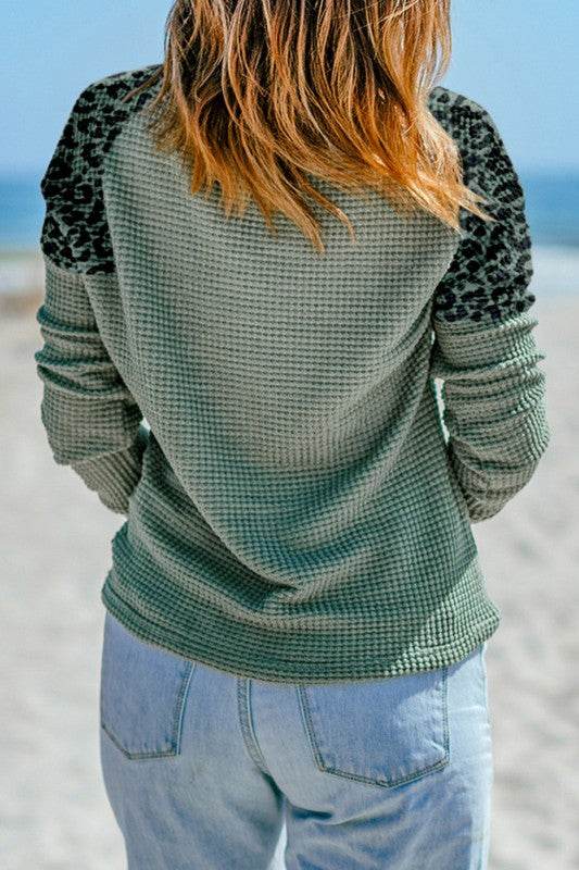 Joanna Leopard Waffle Knit Buttoned V Neck Blouse