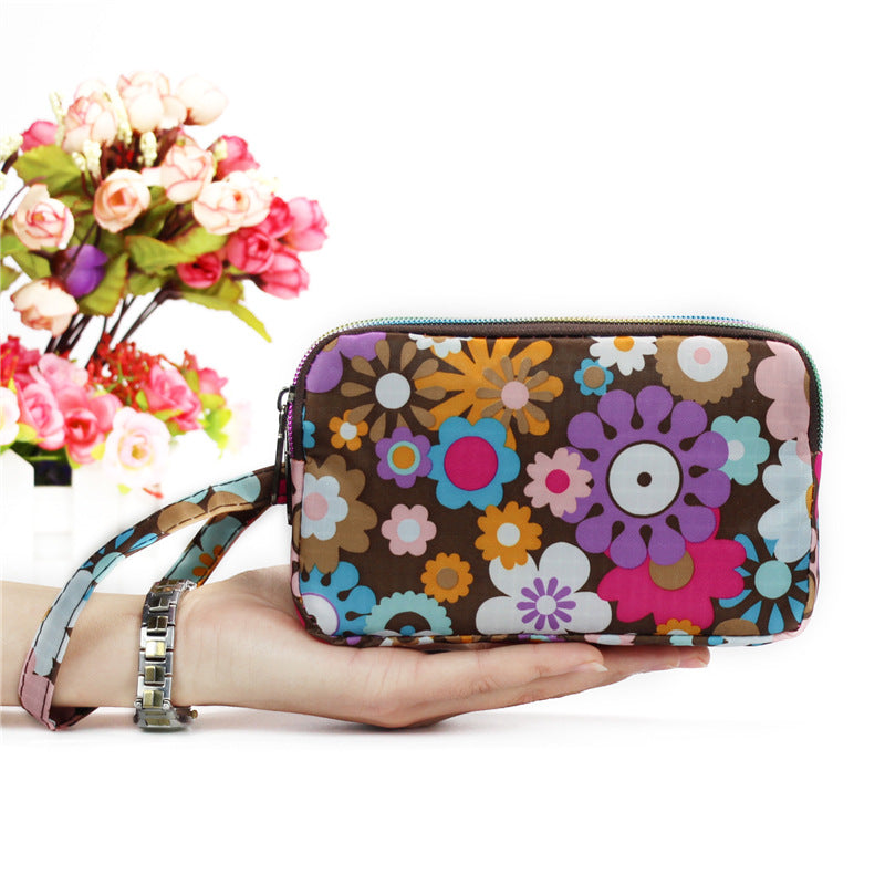 Floral Printed Fabric Wristlet Wallet for Women - Double Zipper Clutch with Wrist Strap