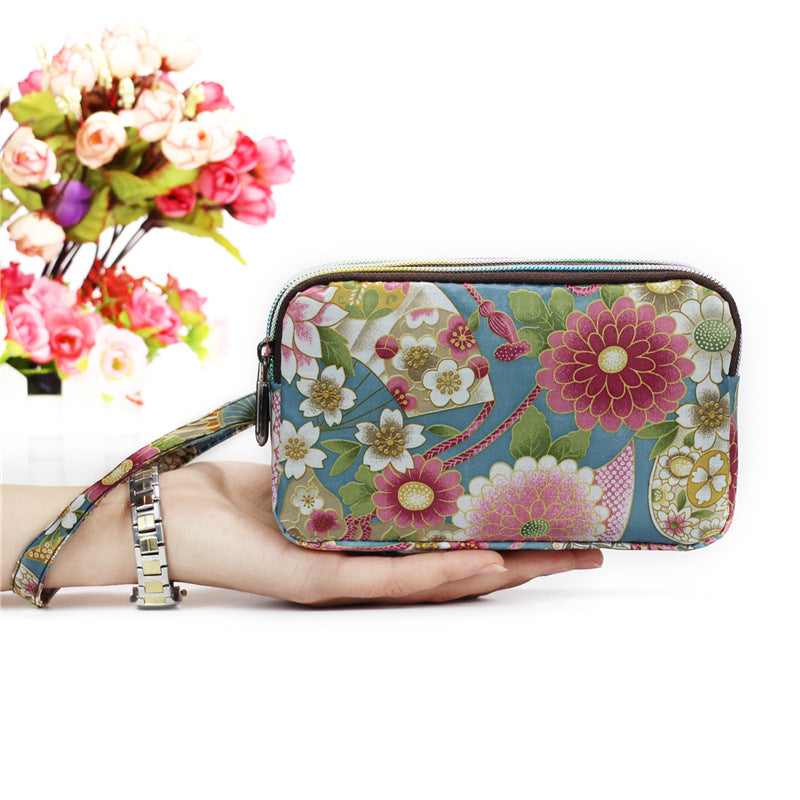 Floral Printed Fabric Wristlet Wallet for Women - Double Zipper Clutch with Wrist Strap