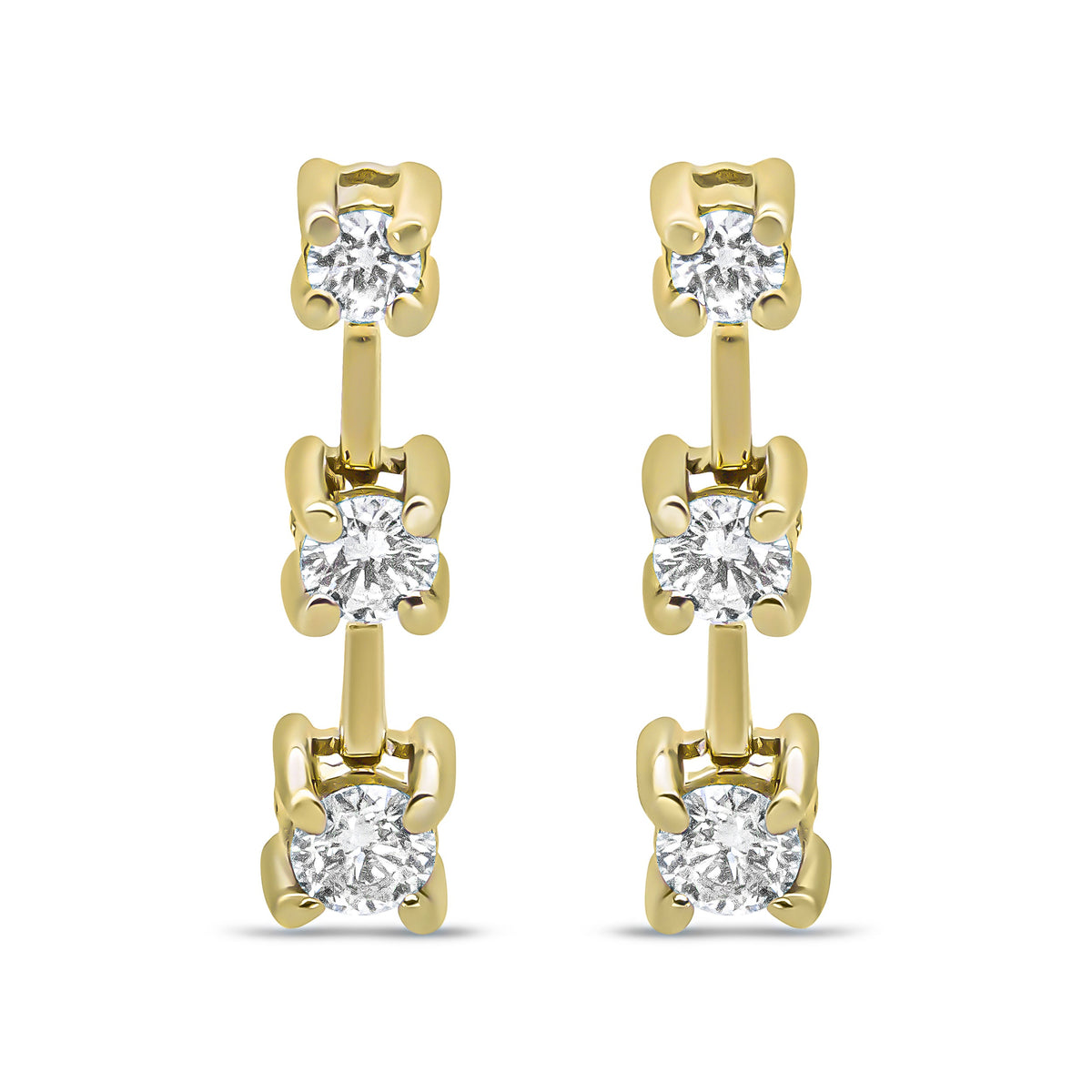 14K Yellow Gold 1/2 Cttw Round Diamond 3 Stone Graduated Linear Drop Past, Present and Future Stud Earrings (H-I Color, SI1-SI2 Clarity)