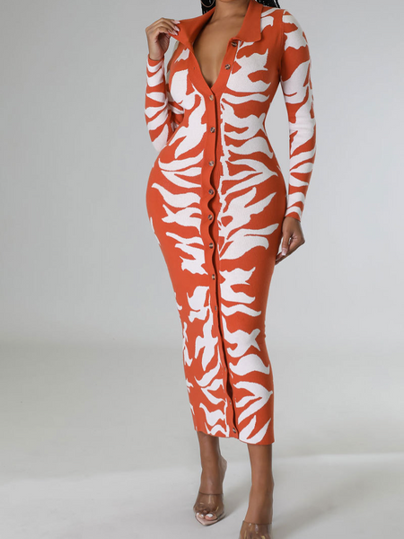Printed Lapel Long-Sleeved Dress