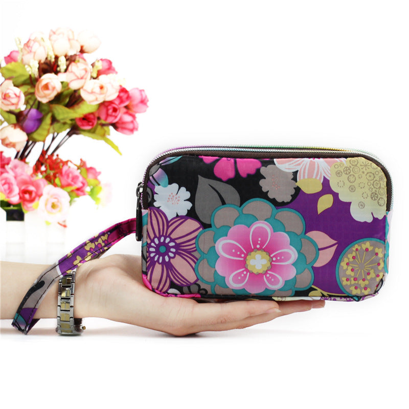 Floral Printed Fabric Wristlet Wallet for Women - Double Zipper Clutch with Wrist Strap