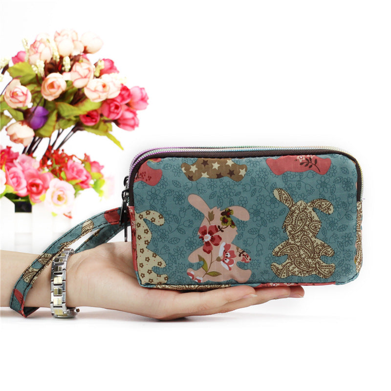 Floral Printed Fabric Wristlet Wallet for Women - Double Zipper Clutch with Wrist Strap