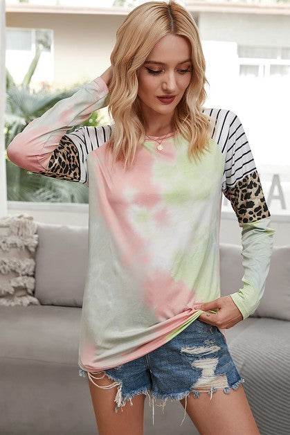 Crew Neck Patchwork Tie Dye Fit Loose Shirt