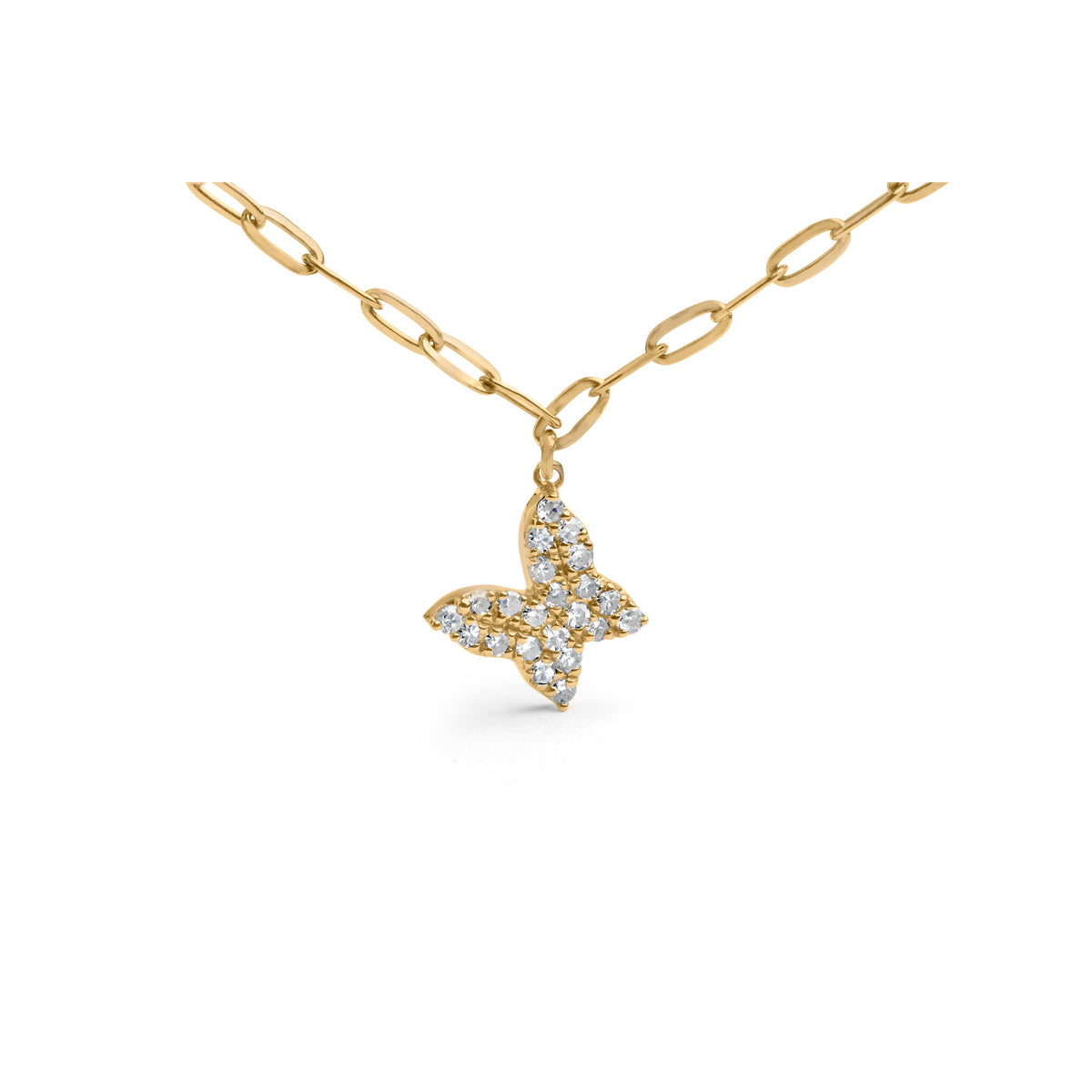 14KT Yellow Gold 1/2 Cttw Diamond Butterfly Station Paperclip Station Necklace (I-J Color, I1-I2 Clarity) - Adjustable 15"-17" Inches