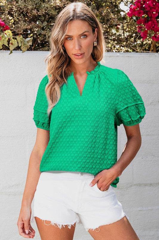 Kalani Textured Puff Short Sleeve Notched V Neck T