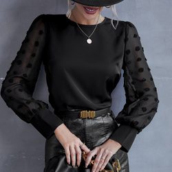 Neck Solid Color Jacquard Dot Long-Sleeved Shirt Casual Patchwork Shirt Top for Women textured