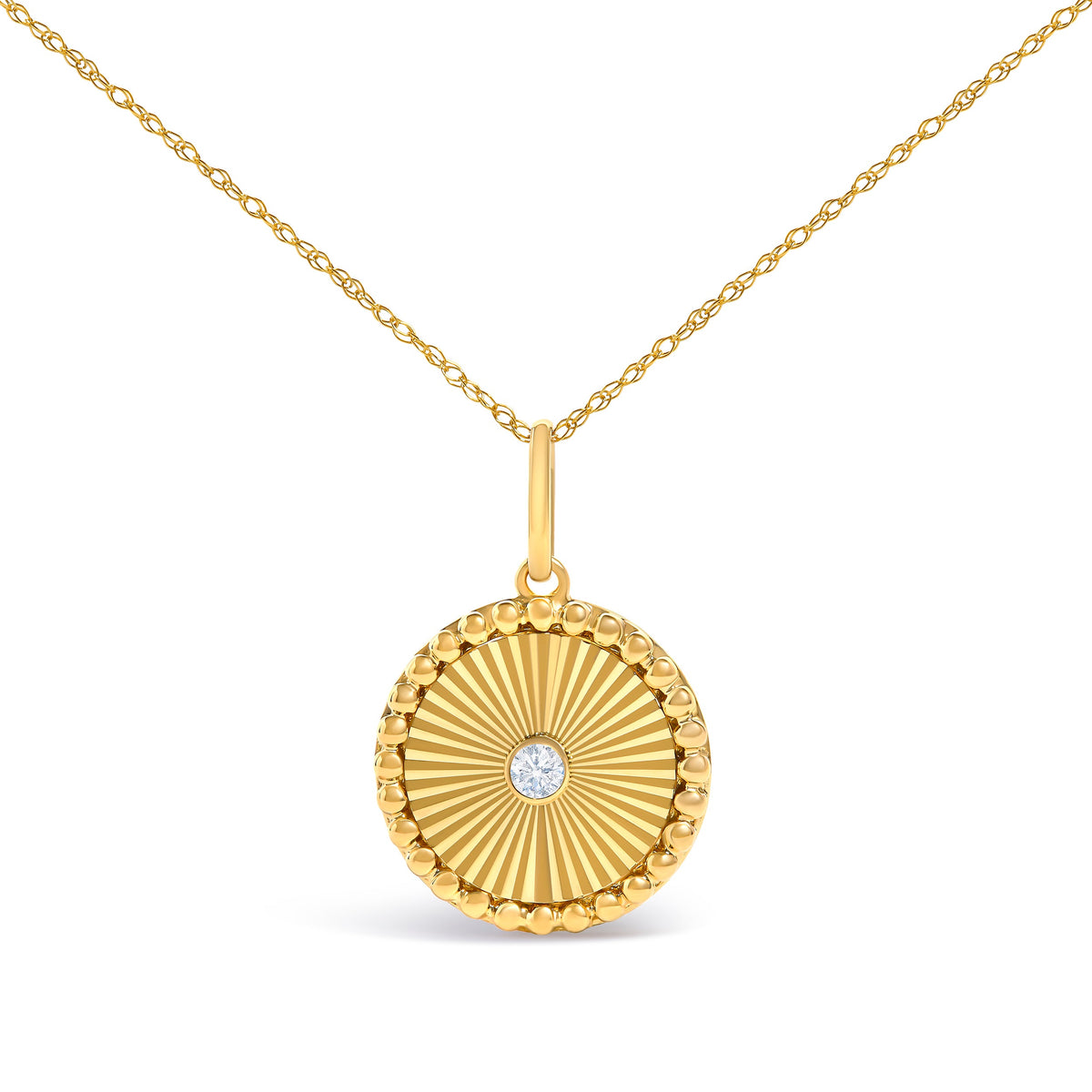 14K Yellow Gold Diamond Accent Medallion Circle Fluted Pendant Necklace